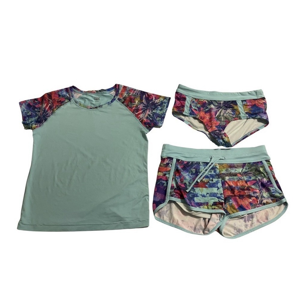 Athleta Girl 3 PC SS Top, Bottoms & Shorts W/ Rashguard Swim Suit Size 12 - EUC